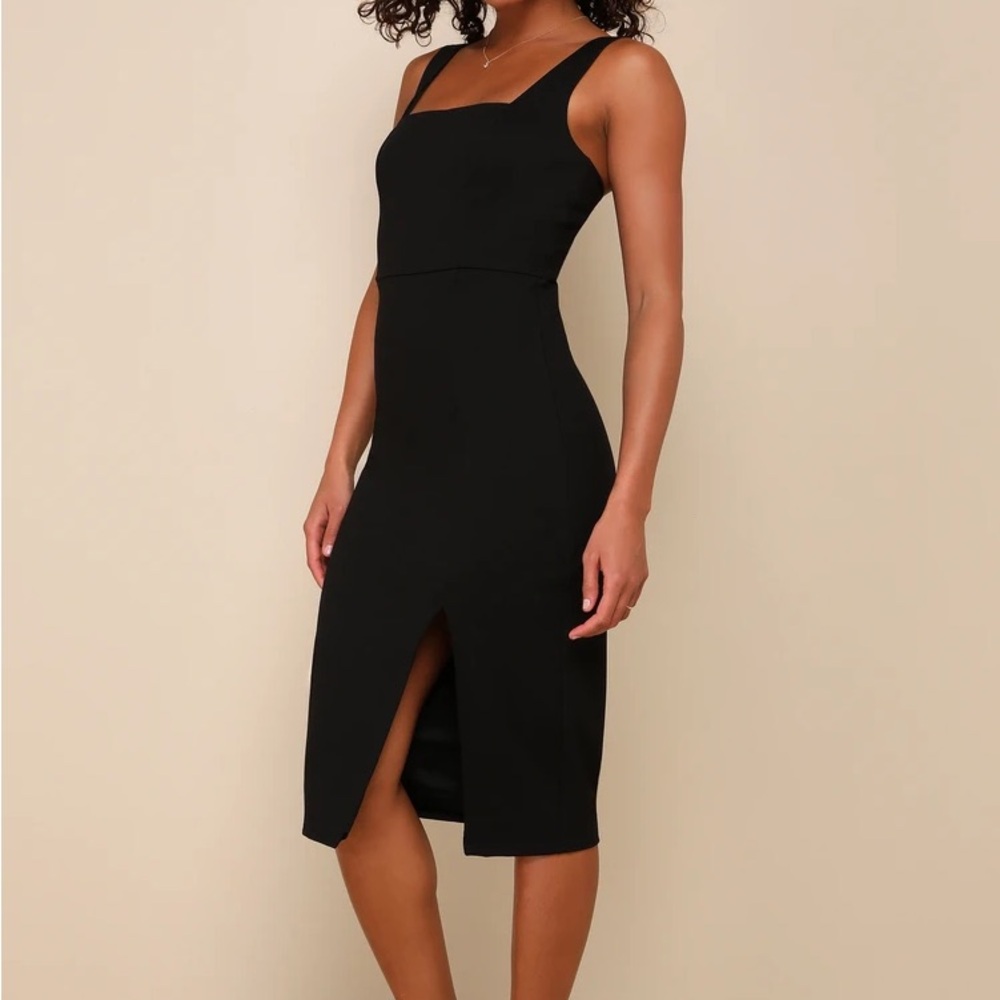 Lulu's Sleek Black Midi Dress with Square Neck
